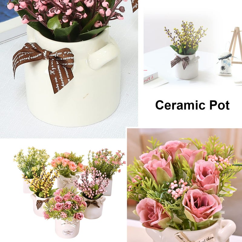 LUEUR 6Pcs Artificial Flowers with Ceramic Pot Fake Flower Arrangements Small Faux Spring Flowers in Vase Home Spring Decor, Centerpiece Table Decorations for Farmhouse Office Shelf Dining Table - Image 2